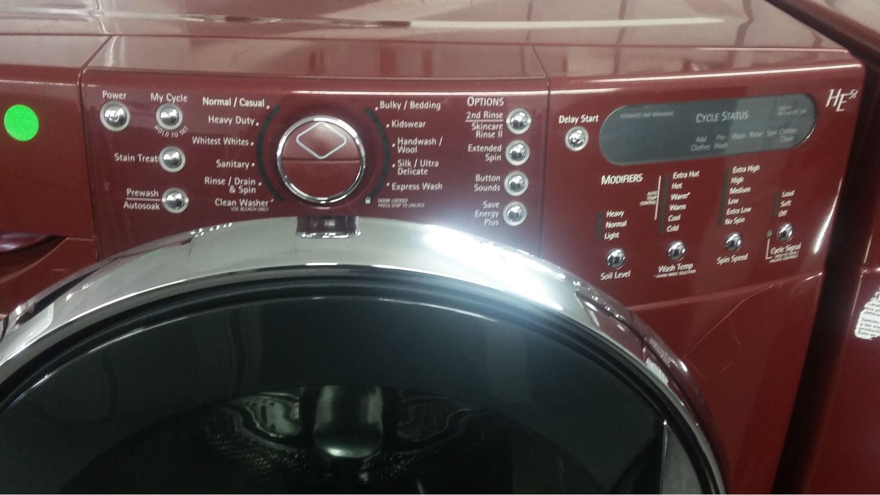 KENMORE HE5 BURGUNDY FRONT LOAD WASHER W/ GAS DRYER SET ON PEDESTALS