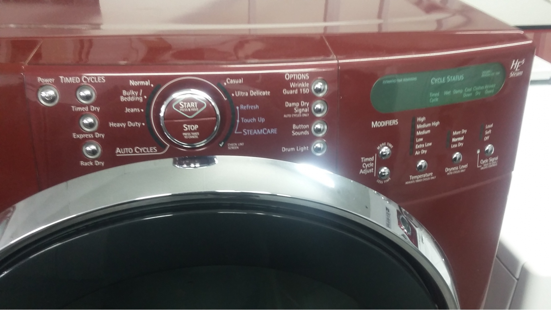 KENMORE HE5 BURGUNDY FRONT LOAD WASHER W/ GAS DRYER SET ON PEDESTALS