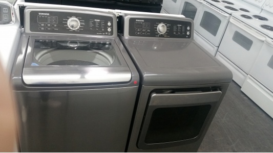 SAMSUNG GREY TOP LOADING HIGH EFFICIENCY WASHER AND GAS DRYER ** OUT OF STOCK **