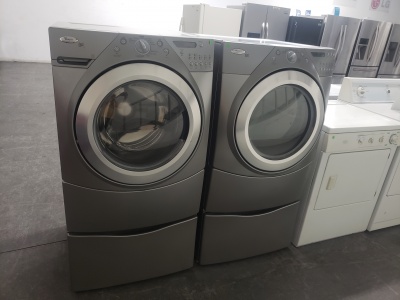 WHIRLPOOL DUET GREY FRONT LOAD WASHER AND GAS DRYER SET WITH PEDESTALS ***OUT OF STOCK***
