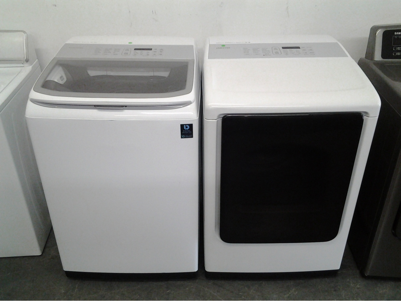 Samsung He White Top Load Washer Gas Dryer W Steam Out Of Stock Kimo S Appliances Van Nuys