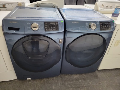 SAMSUNG BLUE FRONT LOAD WASHER AND GAS STEAM DRYER