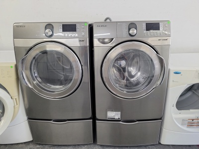 SAMSUNG GREY FRONT LOAD WASHER AND GAS DRYER SET W/ PESDESTAL AND STEAM ***OUT OF STOCK***