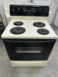 Pre-Owned Whirlpool 30 Inch Freestanding Electric Range: White w/ Black Door Model #RF365PXMW